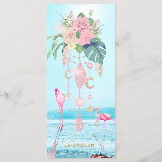 Ocean Sea Flamingo Floral Jewels Pink Wedding Menu (Back)