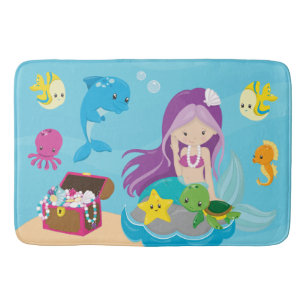 Ocean Sea Friends Cute Cartoon Mermaid & Treasure Bath Mat