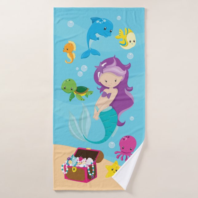 Ocean Sea Friends Cute Cartoon Mermaid & Treasure Bath Towel Set (Bath Towel)