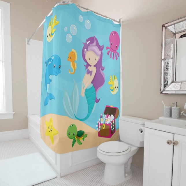 Ocean Sea Friends Cute Cartoon Mermaid & Treasure Shower Curtain (In Situ)