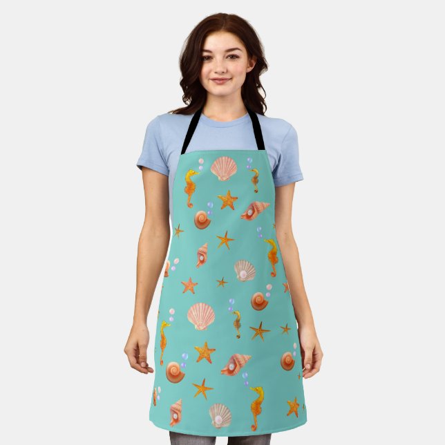 Ocean sea horses, sea shells & pearls on teal apron (Worn)