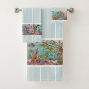 Ocean Sea Life Fish Green Vintage Beach House Bath Towel Set