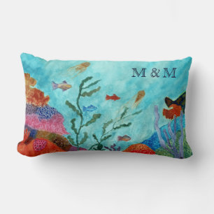 Ocean Sea Life Underwater Coral Reef Monogram  Lumbar Cushion