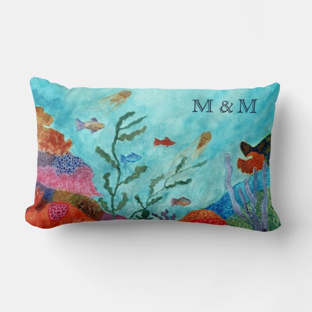 Ocean Sea Life Underwater Coral Reef Monogram  Lumbar Cushion (Front)