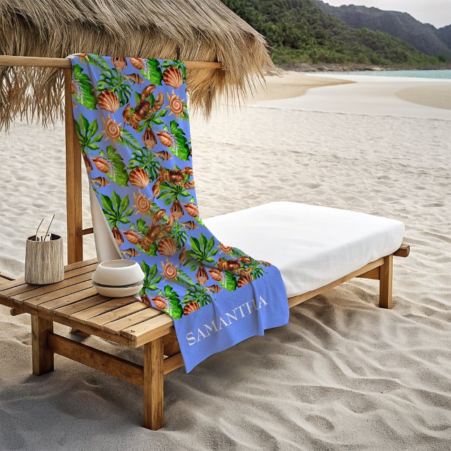 Ocean Sea Shell Starfish Lobster Tropical Leaves  Beach Towel (Creator Uploaded)