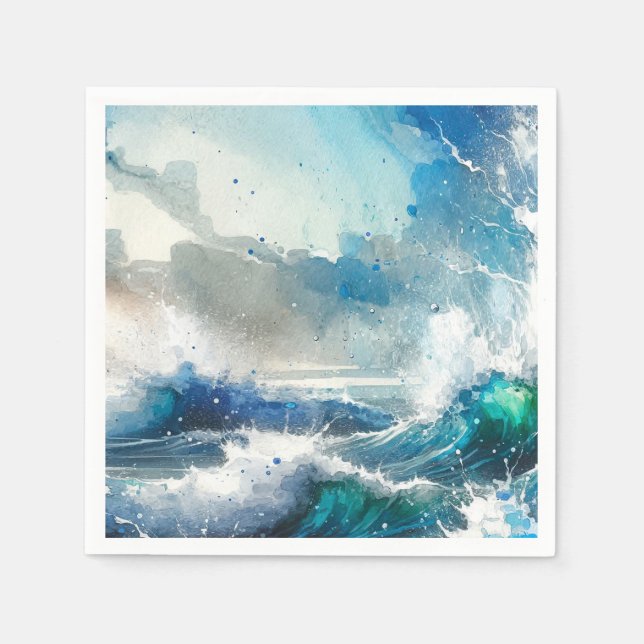 Ocean Sea Splash Watercolor Waves Birthday Party Napkin (Front)