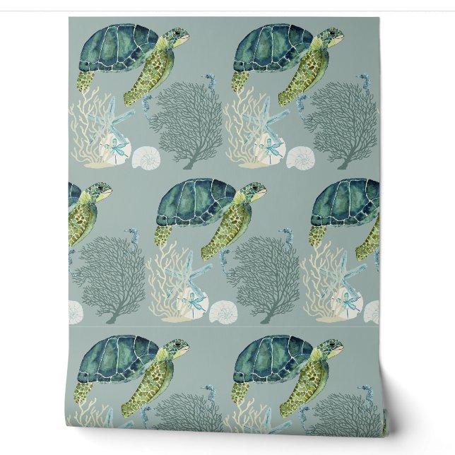 Ocean Sea Turtle Coral And Shells Wallpaper (Unrolling)