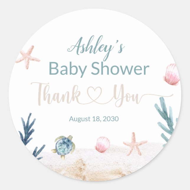 Ocean Sea Turtle Girl Thank You Baby Shower Favour Classic Round Sticker (Front)