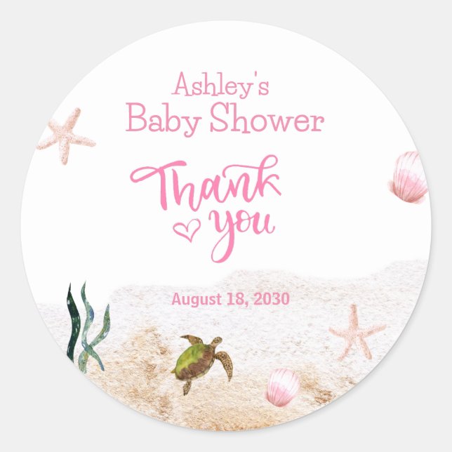 Ocean Sea Turtle Girl Thank You Baby Shower Favour Classic Round Sticker (Front)