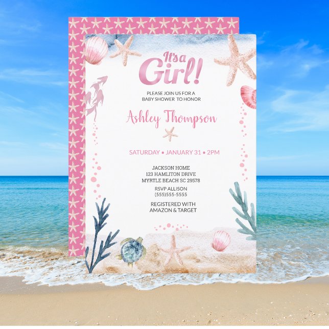 Ocean Sea Turtle Pink Girls Starfish Baby Shower   Invitation (Creator Uploaded)