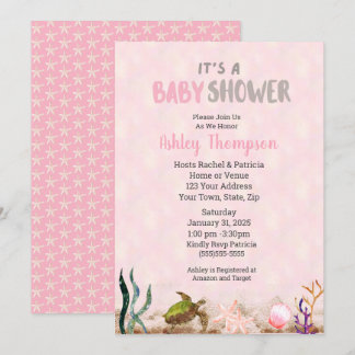 Ocean Sea Turtle Pink Girls Starfish Baby Shower Invitation
