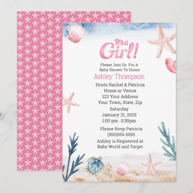 Ocean Sea Turtle Pink Girls Starfish Baby Shower   Invitation (Front/Back)