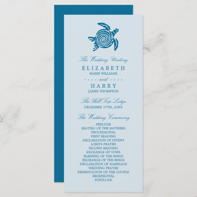 Ocean Sea Turtle, Sea Blue Beach Wedding Programme (Front/Back)