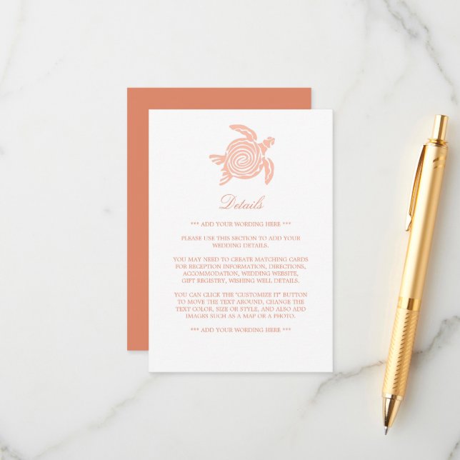 Ocean Sea Turtle, Soft Coral Beach Wedding Detail Enclosure Card (Front/Back In Situ)