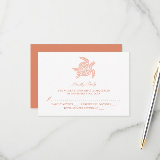 Ocean Sea Turtle, Soft Coral Beach Wedding RSVP Card (Front/Back In Situ)