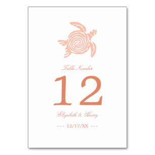 Ocean Sea Turtle, Soft Coral Beach Wedding Table Number