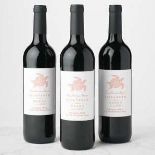 Ocean Sea Turtle, Soft Coral Beach Wedding Wine Label