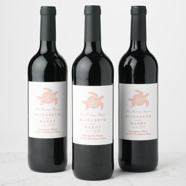 Ocean Sea Turtle, Soft Coral Beach Wedding Wine Label (Bottles)