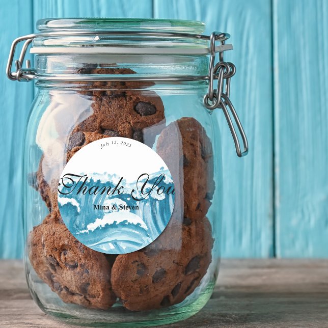 ocean sea waves wedding thank you  classic round sticker (Creator Uploaded)