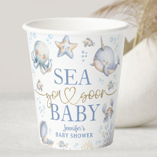 Ocean Sea You Soon Baby Shower Boy Blue Paper Cups