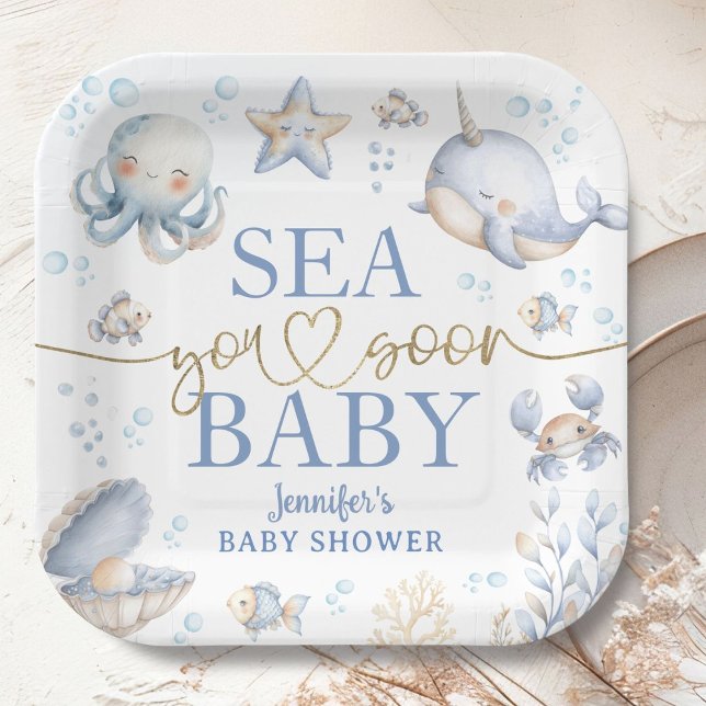 Ocean Sea You Soon Baby Shower Boy Blue  Paper Plate (Creator Uploaded)
