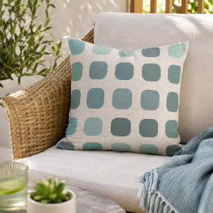 Ocean Seafoam Slate Blue Round Squares On Ivory Cushion