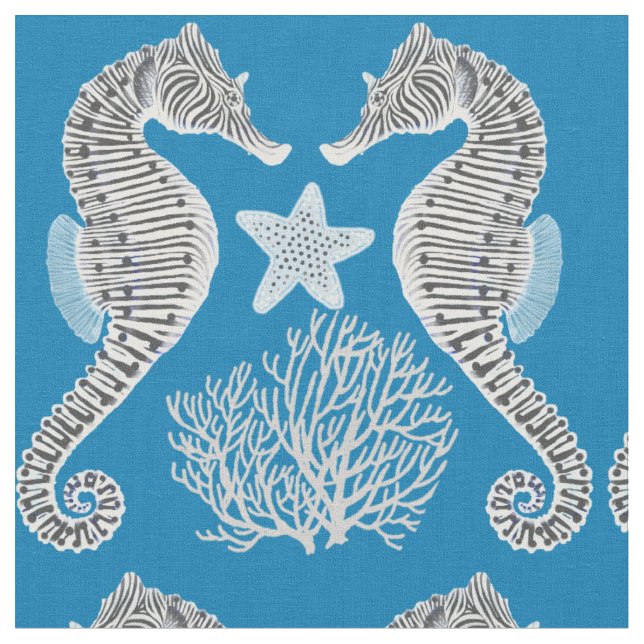 Ocean Seahorse Starfish Coral Fabric (Close Up)