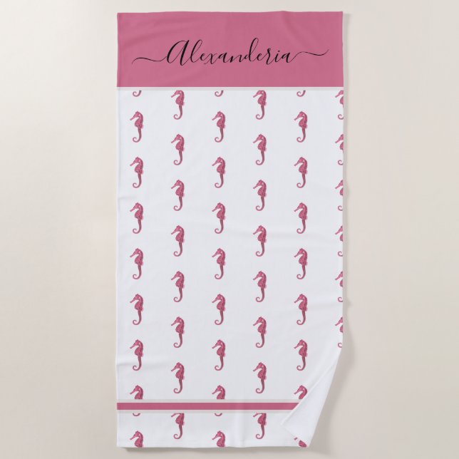 Ocean Seahorse Tropical preppy pink Beach Towel (Front)