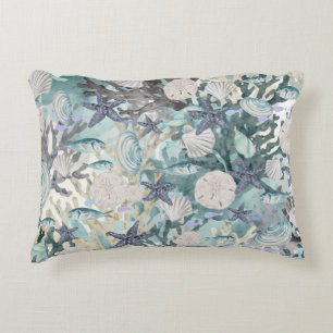 Ocean Sealife Starfish Coral Light Teal Grey Beige Decorative Cushion