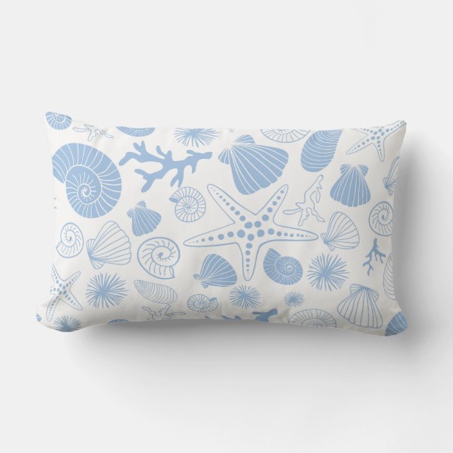 Ocean Seashell Light Blue Nautical Seashore Beach Lumbar Cushion (Front)