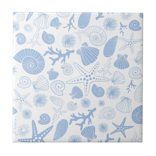 Ocean Seashell Light Blue Nautical Seashore Beach Tile (Front)