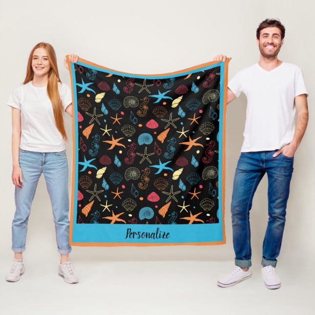Ocean Seashell Starfish & Seahorse Beach Pattern Fleece Blanket (In Situ)