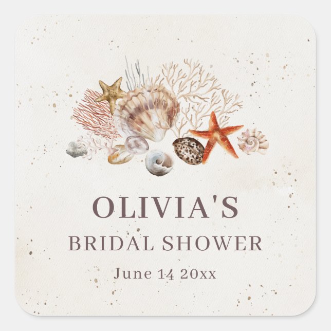 Ocean Seashells Beach Boho Coastal Bridal Shower Square Sticker (Front)