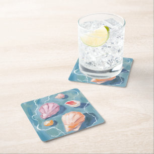 Ocean Seashells Watercolor Coastal Beach Sea Square Paper Coaster