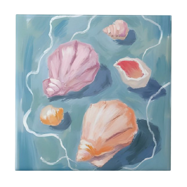 Ocean Seashells Watercolor Coastal Beach Sea Tile (Front)
