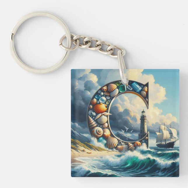 Ocean Seashore Lighthouse Sailboat Monogram C Key Ring (Front)