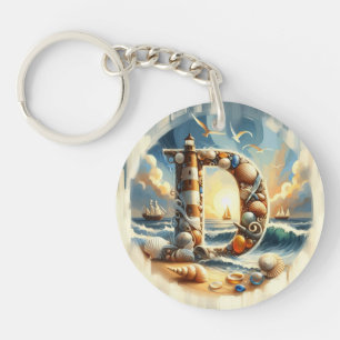 Ocean Seashore Lighthouse Sailboat Monogram D Key Ring