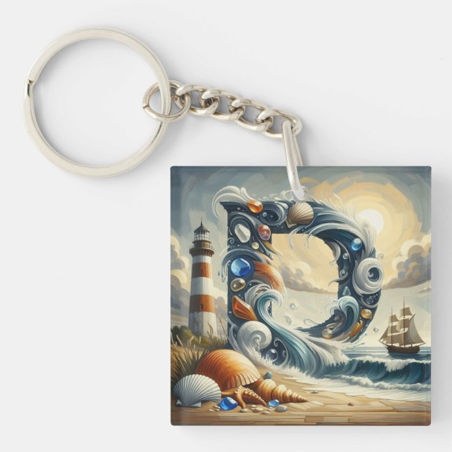 Ocean Seashore Lighthouse Sailboat Monogram D Key Ring (Front)