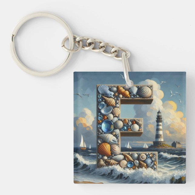 Ocean Seashore Lighthouse Sailboat Monogram E Key Ring (Front)