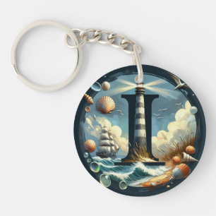 Ocean Seashore Lighthouse Sailboat Monogram I Key Ring