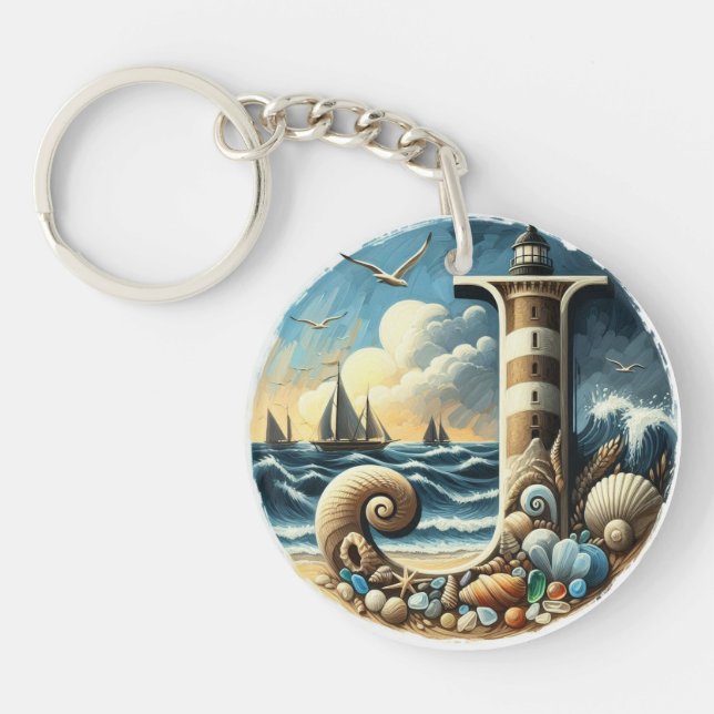 Ocean Seashore Lighthouse Sailboat Monogram J Key Ring (Front)