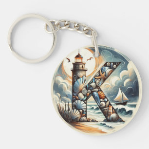 Ocean Seashore Lighthouse Sailboat Monogram K Key Ring