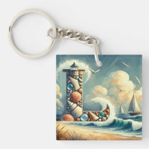 Ocean Seashore Lighthouse Sailboat Monogram L Key Ring