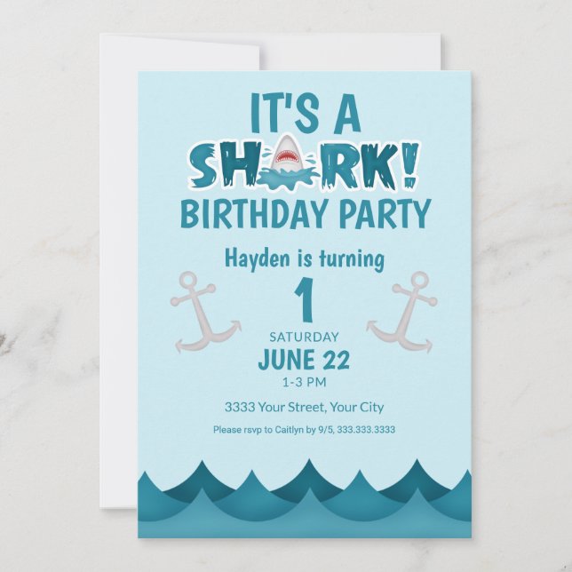 Ocean Shark 1st Birthday Invitation (Front)