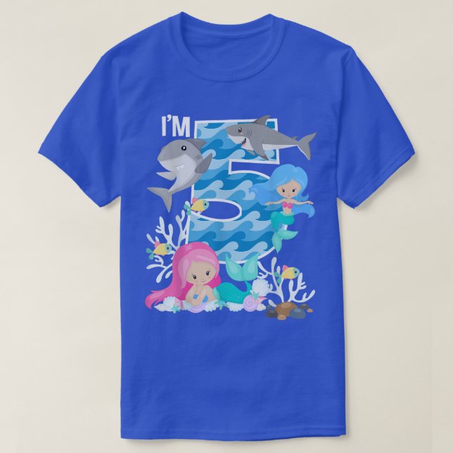 Ocean Sharks and Mermaids 5th Birthday 5 Year Old  T-Shirt (Design Front)