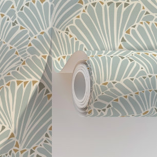 Ocean Shell Fan Art Deco in Soft Blue & Gold Wallpaper