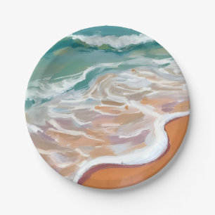 Ocean Shore Aqua Blue Waves Beach Watercolor Paper Plate