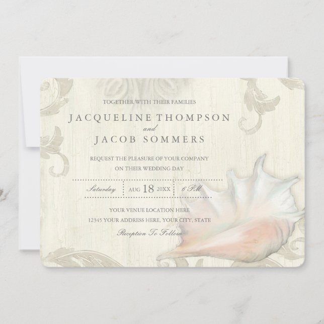 Ocean Shore Beach Seashell Conch Shell Typography Invitation (Front)