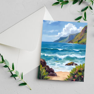 Ocean Shore Blue Waves Watercolor Painting Card