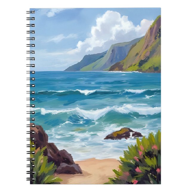 Ocean Shore Blue Waves Watercolor Painting Notebook (Front)